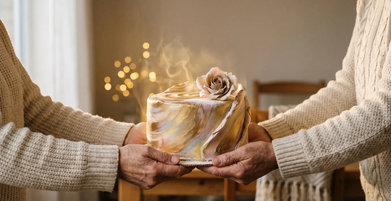 Un gâteau d'anniversaire original et personnalisé présenté sur une table dans une lumière chaude, entouré de mains qui l'apportent avec émotion
