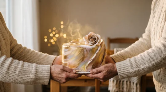 Un gâteau d'anniversaire original et personnalisé présenté sur une table dans une lumière chaude, entouré de mains qui l'apportent avec émotion