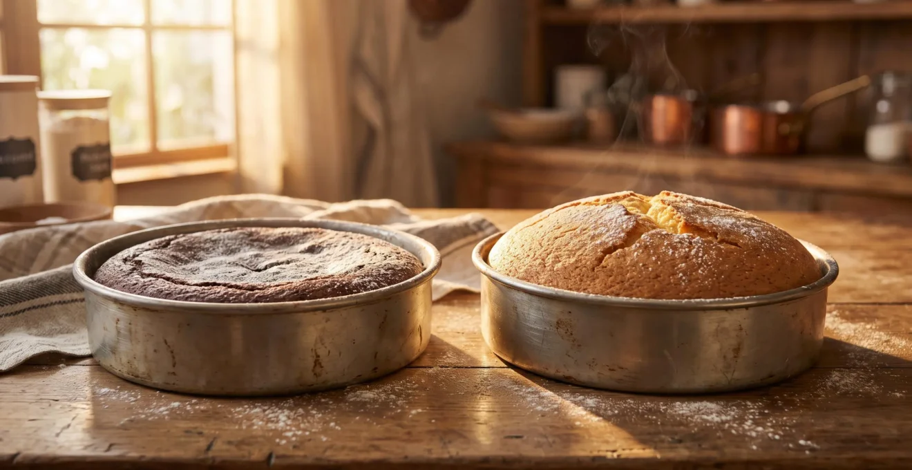 Comparaison visuelle entre une pâte à gâteau qui s'affaisse et une pâte parfaitement levée dans un moule
