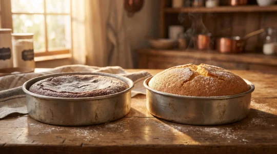 Comparaison visuelle entre une pâte à gâteau qui s'affaisse et une pâte parfaitement levée dans un moule