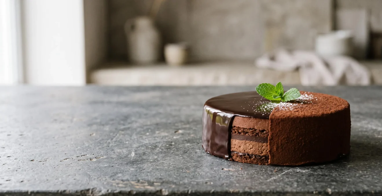 Gâteau de pâtisserie sophistiqué mis en valeur par des finitions variées, brillance, poudre et fruits, sur fond épuré