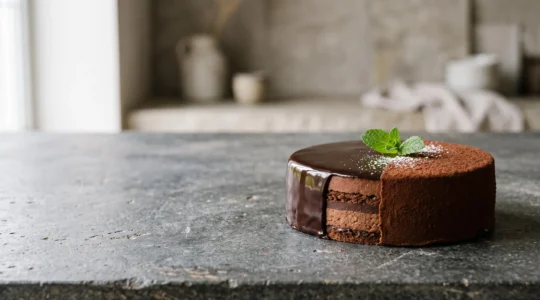 Gâteau de pâtisserie sophistiqué mis en valeur par des finitions variées, brillance, poudre et fruits, sur fond épuré