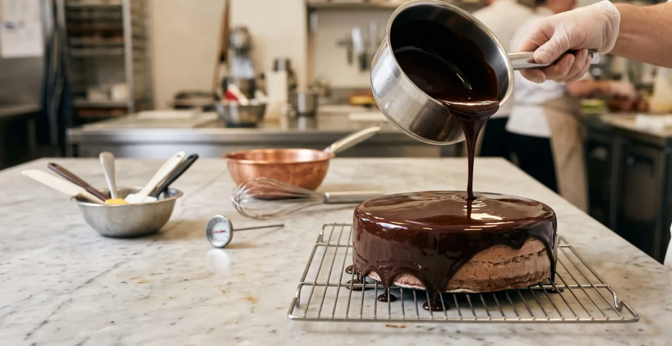 Nappage d'un glaçage miroir brillant et lisse coulant sur un entremet pâtissier, sans bulles ni coulures