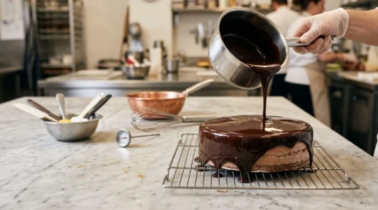 Nappage d'un glaçage miroir brillant et lisse coulant sur un entremet pâtissier, sans bulles ni coulures