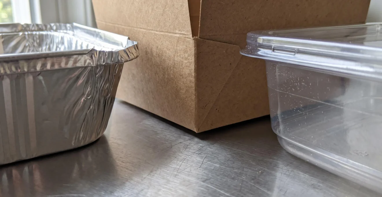 Vue rapprochée de plusieurs barquettes vides en aluminium, kraft et plastique transparent disposées sur un plan de travail en acier inoxydable