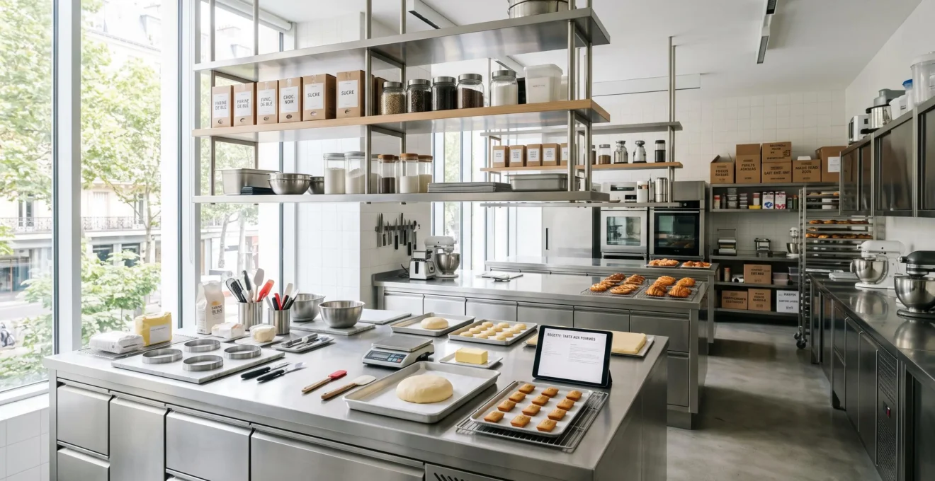 Vue en plongée d'un espace de travail de laboratoire de pâtisserie moderne avec comptoirs inox, étagères organisées avec boîtes alimentaires empilées, grande fenêtre apportant lumière naturelle