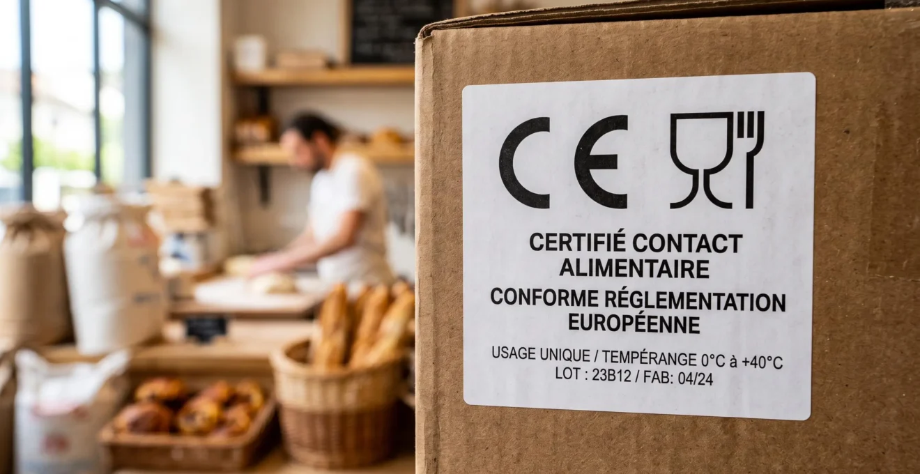 Gros plan sur une étiquette de certification contact alimentaire apposée sur une boîte en carton, avec le symbole verre et fourchette et le marquage CE visible