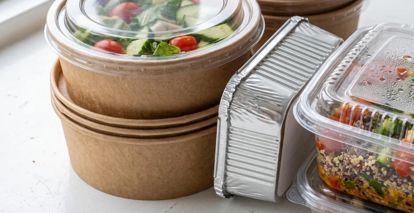Vue en gros plan de plusieurs contenants alimentaires professionnels empilés côte à côte montrant les différences de texture entre kraft, plastique transparent et aluminium
