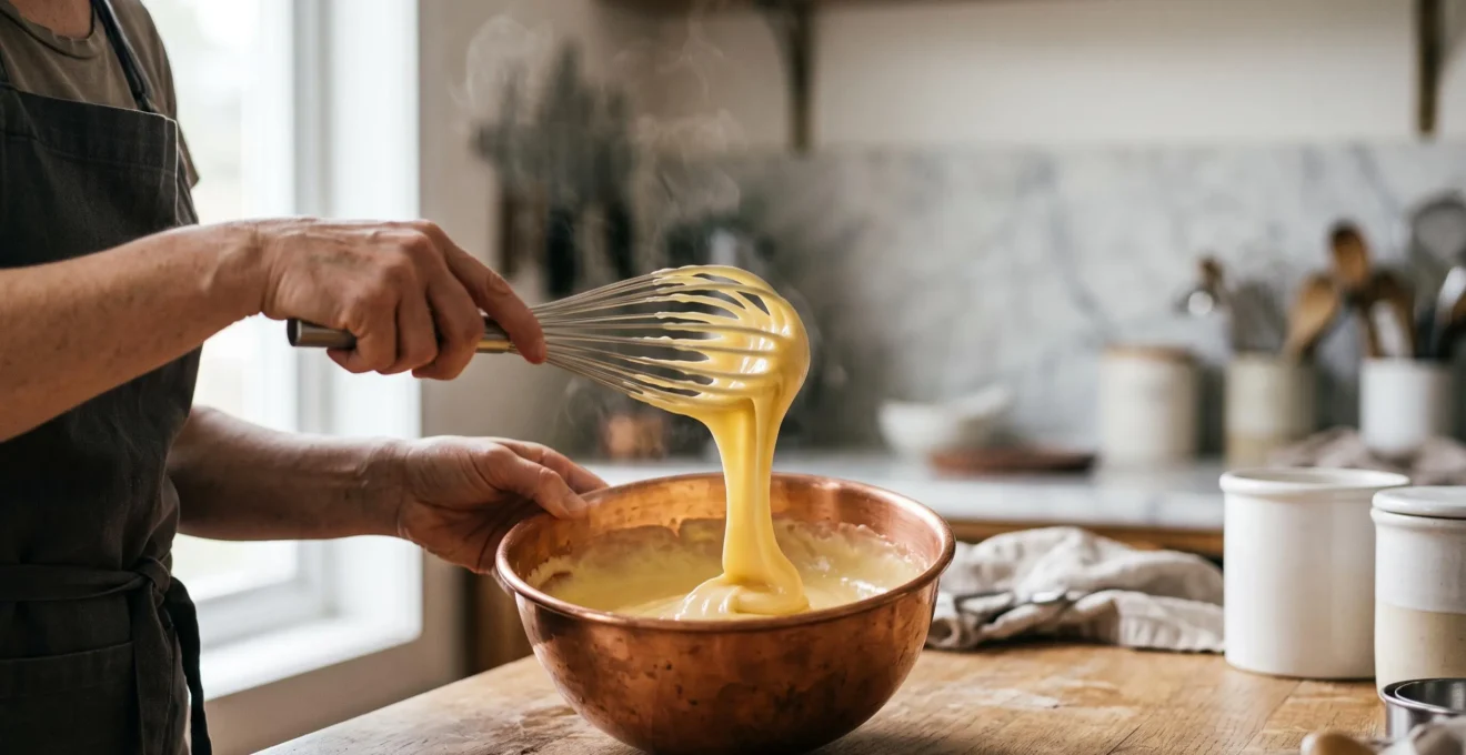 Mains d'un pâtissier fouettant une crème lisse et brillante dans un cul-de-poule en cuivre