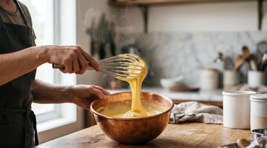 Mains d'un pâtissier fouettant une crème lisse et brillante dans un cul-de-poule en cuivre