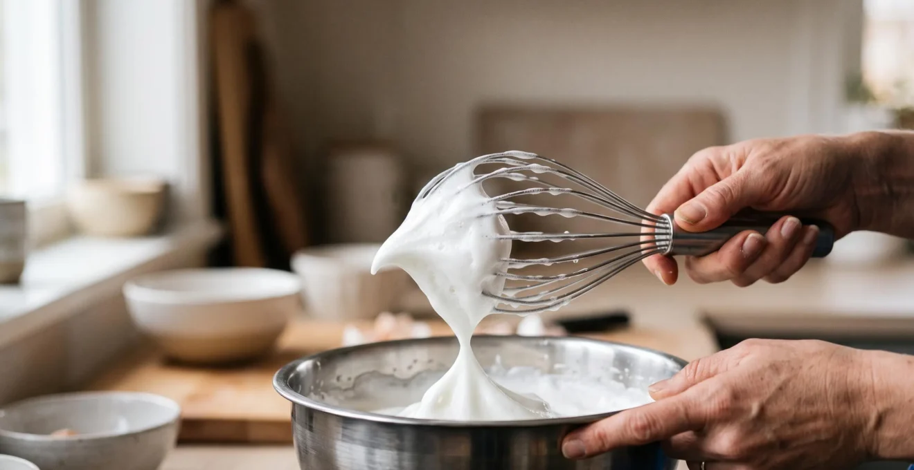 Mains d'un pâtissier fouettant des blancs d'œufs en neige ferme et brillante dans un bol en inox