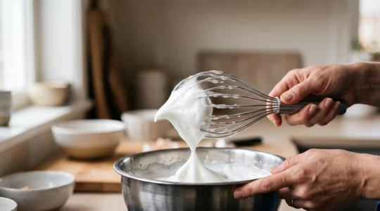 Mains d'un pâtissier fouettant des blancs d'œufs en neige ferme et brillante dans un bol en inox