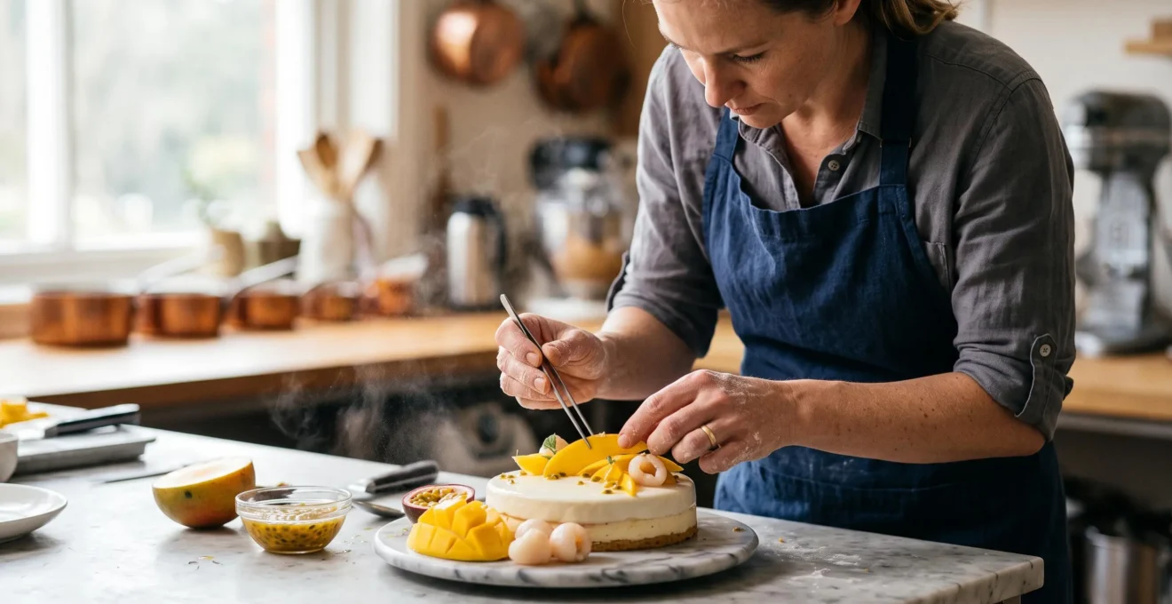 Mains d'un pâtissier disposant délicatement des tranches de mangue, des graines de fruit de la passion et des litchis autour d'un entremets artisanal