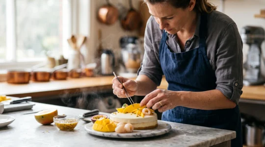 Mains d'un pâtissier disposant délicatement des tranches de mangue, des graines de fruit de la passion et des litchis autour d'un entremets artisanal