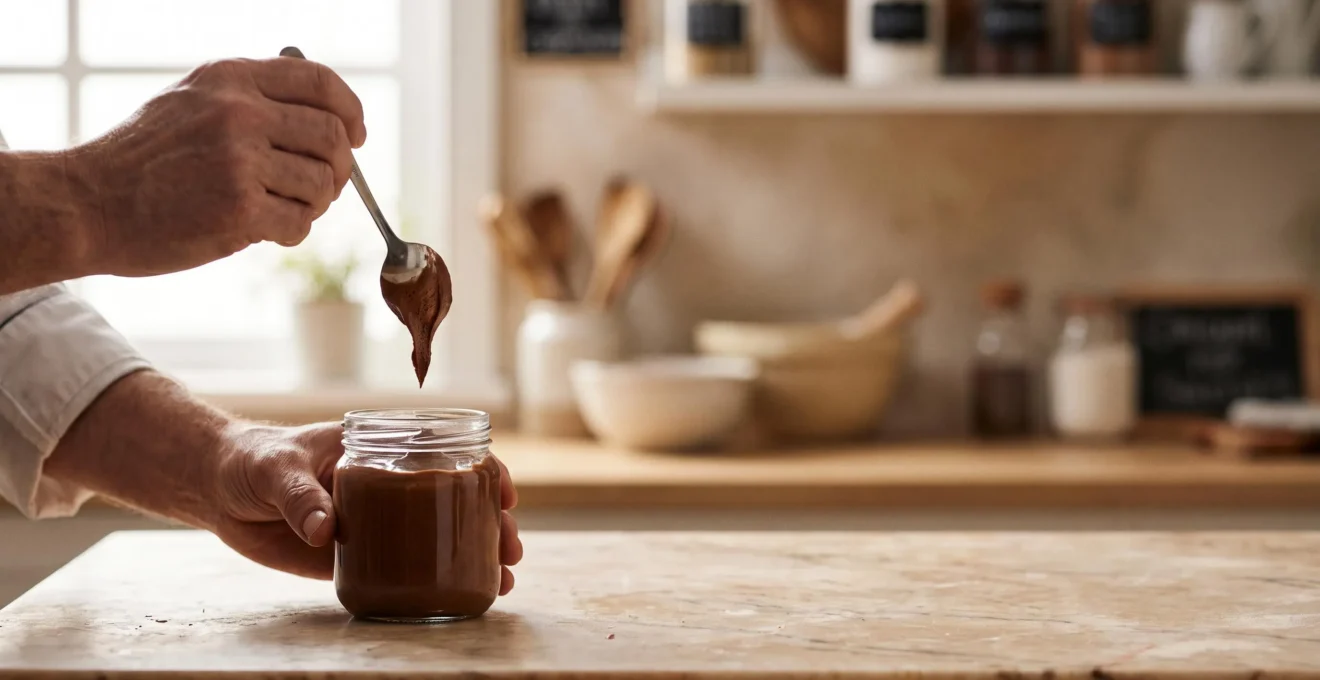 Verrine de mousse au chocolat ultra-légère et aérienne posée sur un plan de travail en marbre, éclairage doux et texture veloutée visible