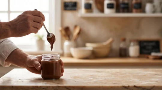 Verrine de mousse au chocolat ultra-légère et aérienne posée sur un plan de travail en marbre, éclairage doux et texture veloutée visible
