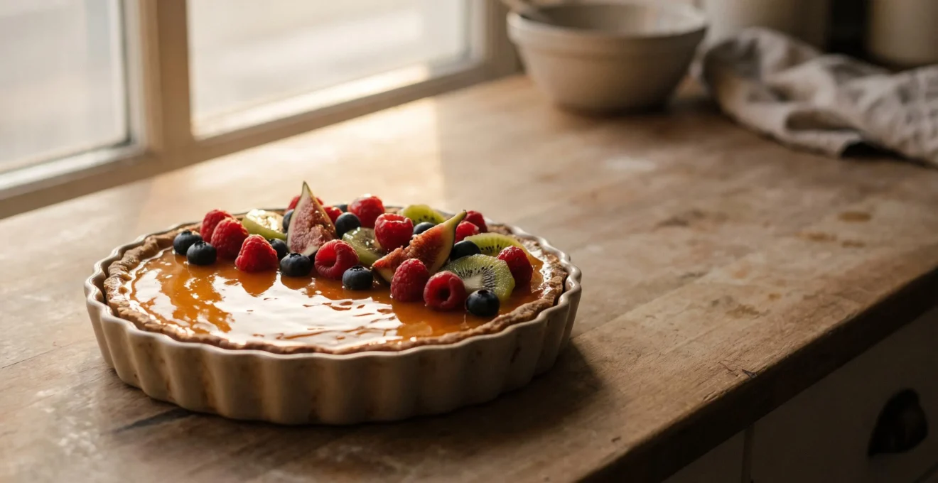 Tarte aux fruits fraîchement nappée d'un glaçage brillant et lisse, sans coulures, sur un plan de travail de pâtissier