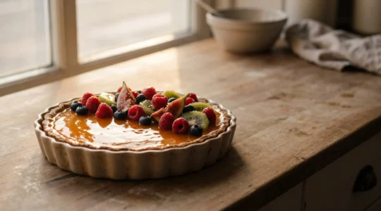 Tarte aux fruits fraîchement nappée d'un glaçage brillant et lisse, sans coulures, sur un plan de travail de pâtissier