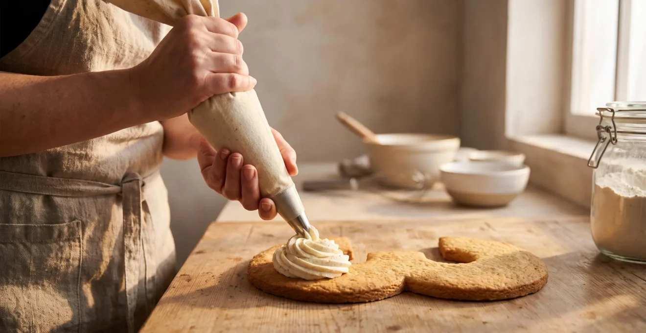 Pâtissier assemblant avec précision un number cake généreusement garni de crème pochée en relief
