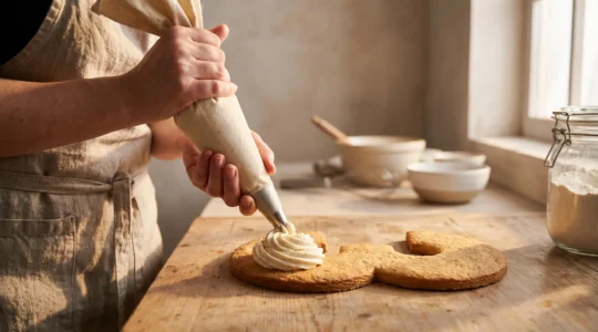 Pâtissier assemblant avec précision un number cake généreusement garni de crème pochée en relief