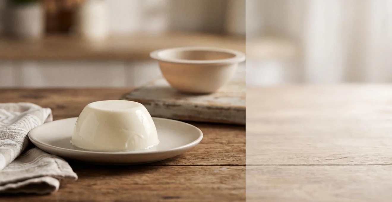 Panna cotta démoulée intacte sur une assiette en céramique, texture tremblotante et onctueuse, lumière naturelle douce