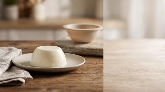 Panna cotta démoulée intacte sur une assiette en céramique, texture tremblotante et onctueuse, lumière naturelle douce