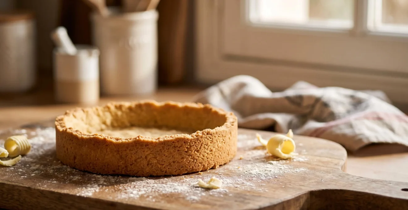 Fond de tarte en pâte sablée dorée et croustillante posé sur un plan de travail en bois dans une cuisine baignée de lumière naturelle