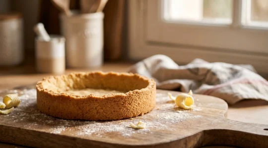 Fond de tarte en pâte sablée dorée et croustillante posé sur un plan de travail en bois dans une cuisine baignée de lumière naturelle