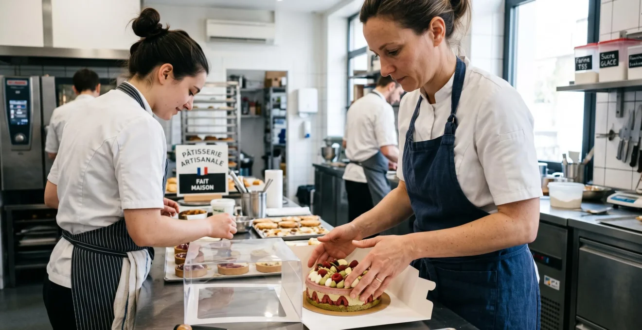 Deux pâtissiers travaillant côte à côte dans une cuisine professionnelle moderne, l'un plaçant délicatement un gâteau dans une boîte à fenêtre transparente