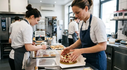 Deux pâtissiers travaillant côte à côte dans une cuisine professionnelle moderne, l'un plaçant délicatement un gâteau dans une boîte à fenêtre transparente
