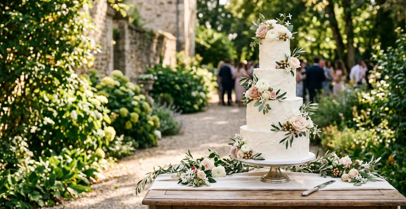 Pièce montée élégante à plusieurs étages présentée en extérieur lors d'une réception de mariage estivale, entourée de fleurs fraîches et de lumière naturelle chaude.