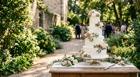Pièce montée élégante à plusieurs étages présentée en extérieur lors d'une réception de mariage estivale, entourée de fleurs fraîches et de lumière naturelle chaude.
