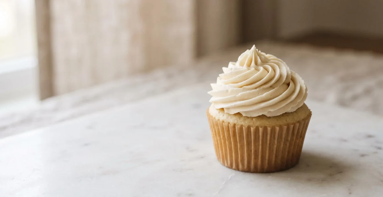 Cupcake orné d'une rosace de crème parfaitement régulière réalisée à la poche à douille, gros plan artistique