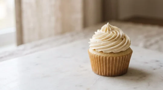 Cupcake orné d'une rosace de crème parfaitement régulière réalisée à la poche à douille, gros plan artistique