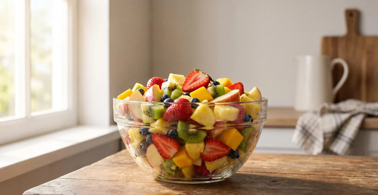 Bol de salade de fruits frais et colorés aux textures croquantes, présenté dans une lumière naturelle