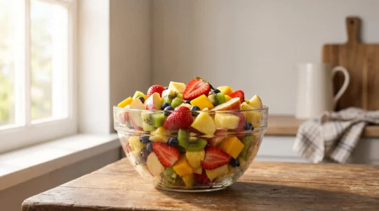 Bol de salade de fruits frais et colorés aux textures croquantes, présenté dans une lumière naturelle