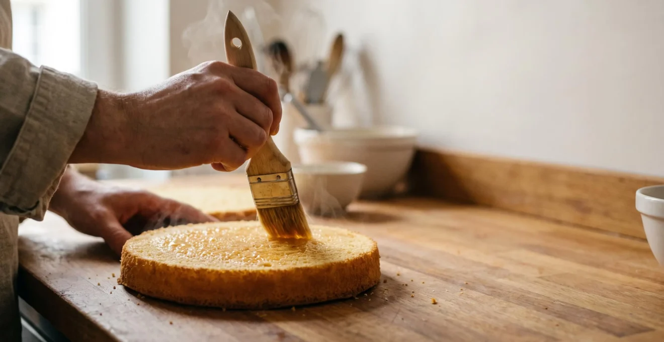 Pinceau de pâtissier imbibant délicatement une génoise dorée avec un sirop translucide, dans une cuisine de pâtisserie artisanale