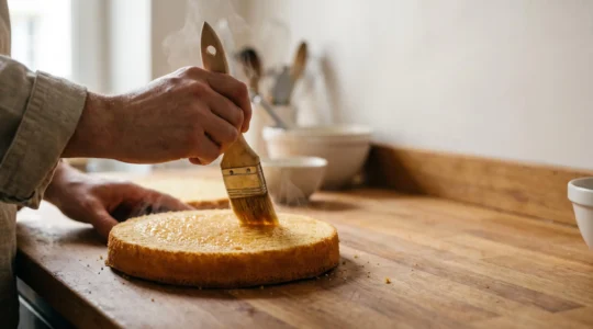 Pinceau de pâtissier imbibant délicatement une génoise dorée avec un sirop translucide, dans une cuisine de pâtisserie artisanale