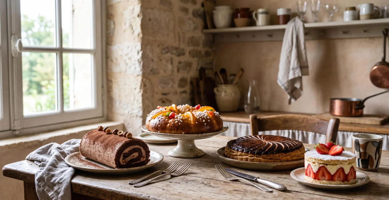 Table dressée avec un assortiment de pâtisseries traditionnelles françaises représentant les grandes fêtes de l'année