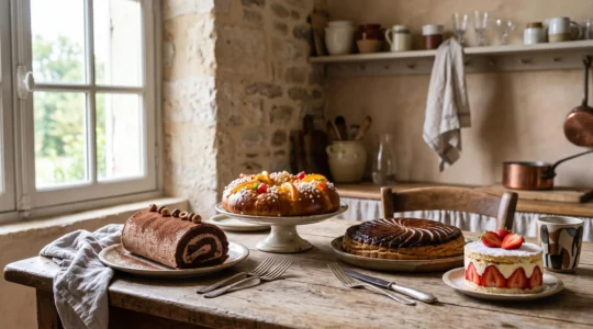 Table dressée avec un assortiment de pâtisseries traditionnelles françaises représentant les grandes fêtes de l'année