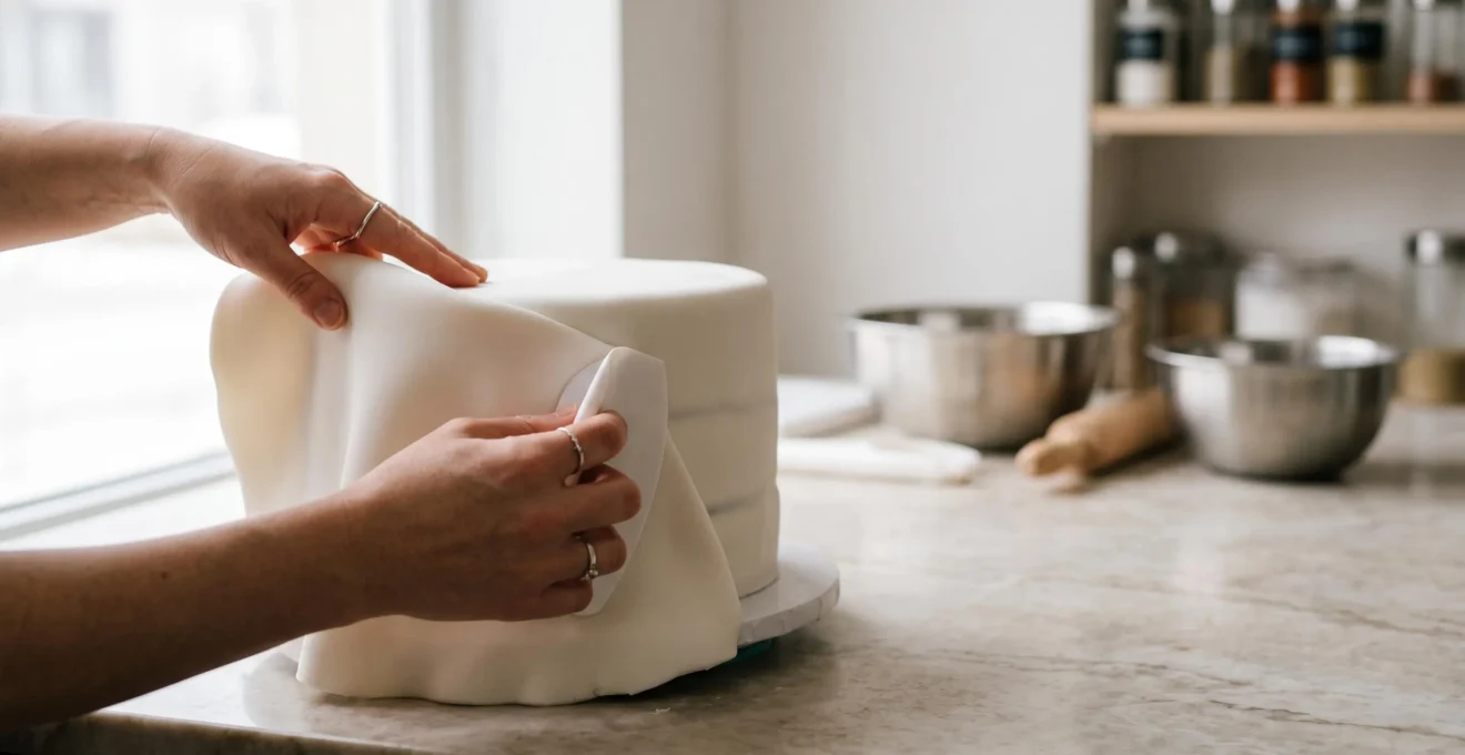 Pâtissier lissant une fine couche de pâte à sucre blanche sur un gâteau rond, sans pli ni craquelure