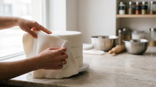 Pâtissier lissant une fine couche de pâte à sucre blanche sur un gâteau rond, sans pli ni craquelure