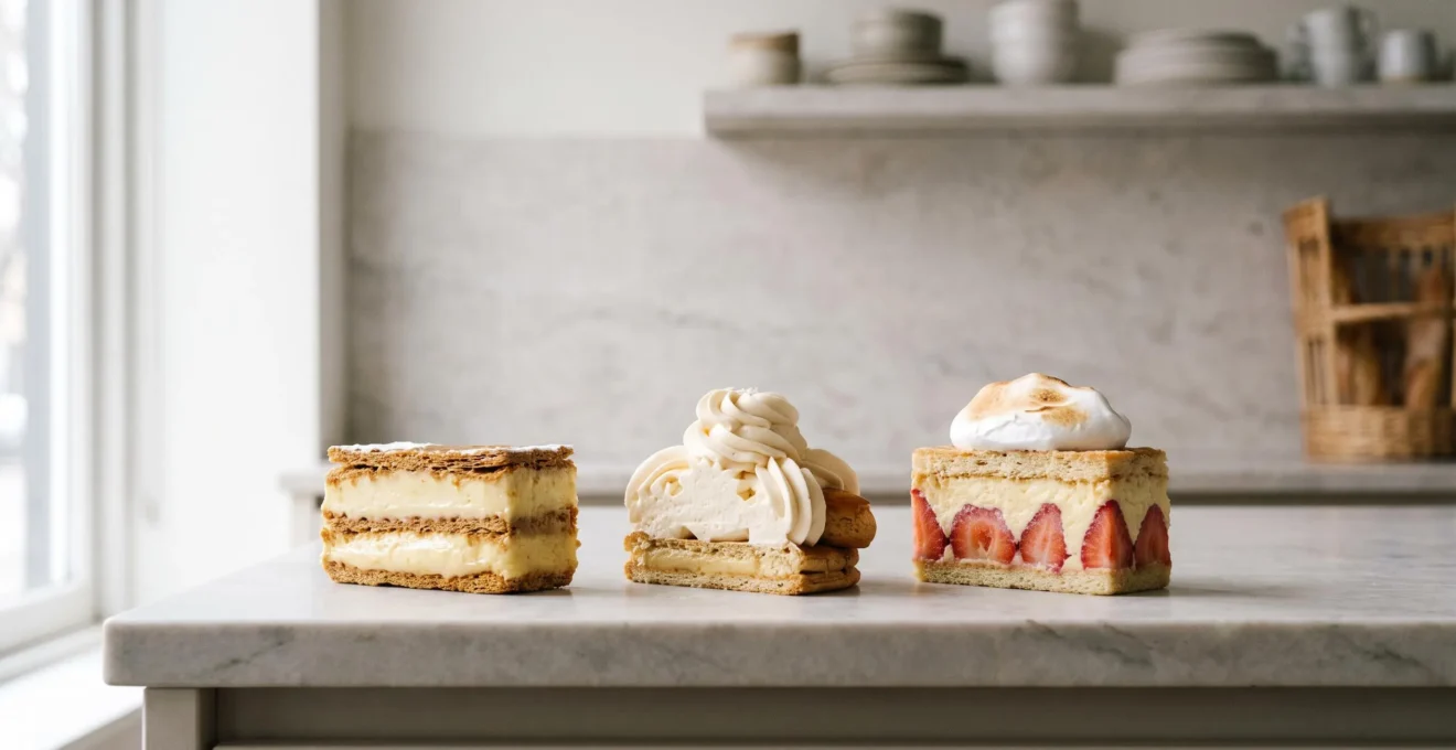 Trois parts de gateaux francais mettant en valeur les textures distinctes de la creme diplomate, de la creme mousseline et de la chantilly