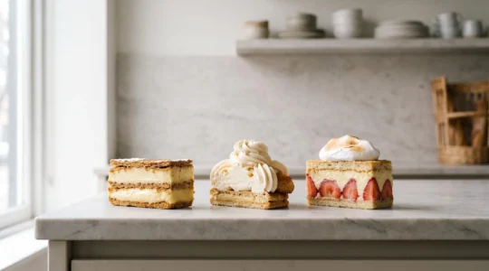 Trois parts de gateaux francais mettant en valeur les textures distinctes de la creme diplomate, de la creme mousseline et de la chantilly