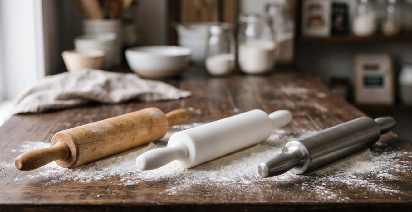 Trois rouleaux à pâtisserie en bois, silicone et acier posés côte à côte sur un plan de travail fariné