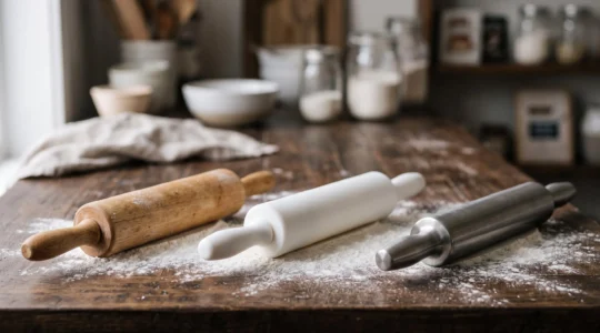 Trois rouleaux à pâtisserie en bois, silicone et acier posés côte à côte sur un plan de travail fariné