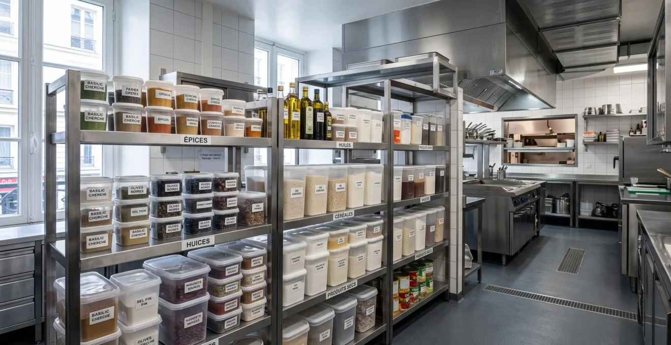 Zone de stockage organisée dans une cuisine professionnelle moderne avec rayonnages métalliques contenant des piles de contenants alimentaires rangés par catégories, espace lumineux et ordonné
